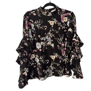 Dalia Women Black Floral Mock Neck Ruffle Tiered Sleeve Blouse MB7615-739PW87 L